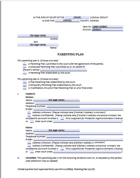 Florida Shared Parenting Plan - Forms & Instructions