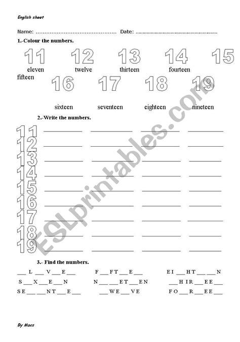 Numbers From 11 20 Esl Worksheet By Cabotewe