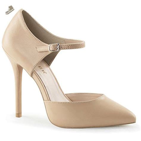 Womens Demure Nude Leather Pumps With Ankle Strap And Inch Slim Heels