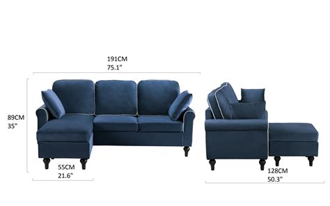 Blue Small Space Velvet Upholstered Sectional Sofa With Reversible