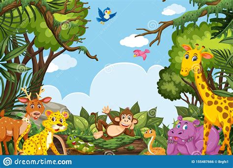 Cute Animals In Jungle Scene Stock Vector - Illustration of deer, natual: 155487666