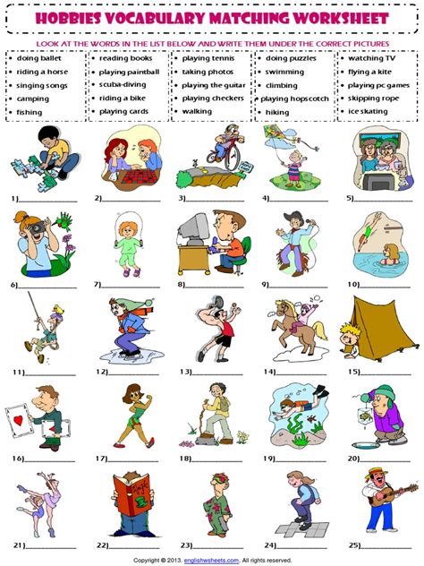 Hobbies And Interests Vocabulary Matching Exercise Worksheet