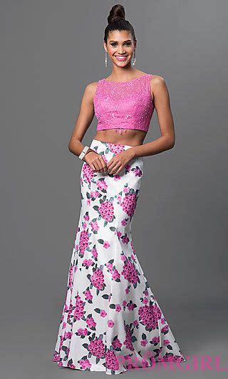 Two Piece Dress With Lace Top And Print Skirt At Prom