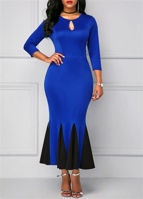 Peplum Hem Keyhole Neckline Royal Blue Dress Necklines For Dresses