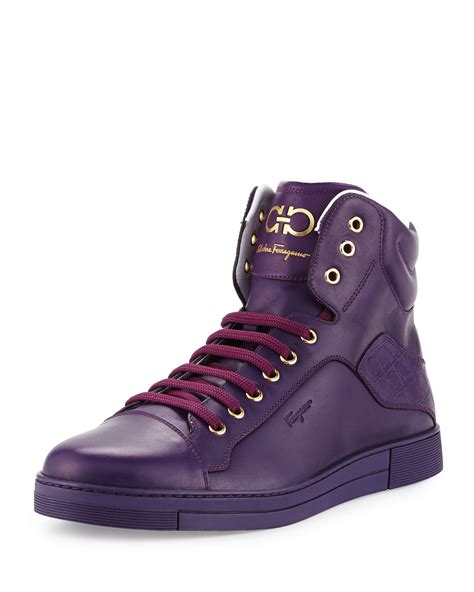 Salvatore Ferragamo Mens Calfskin High Top Sneakers Purple Neiman