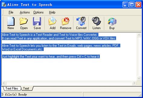 Text2speech is a free program that converts text into audible speech. Screenshot - About Alive MP3 WAV Converter