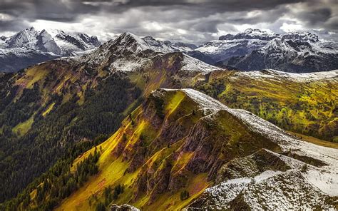 Mountain Landscape Alps Rocks Green Slopes Snow Capped Peaks Hd