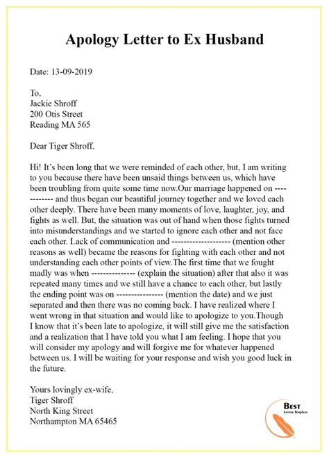 Apology Letter Template To Ex Sample And Examples Best Letter