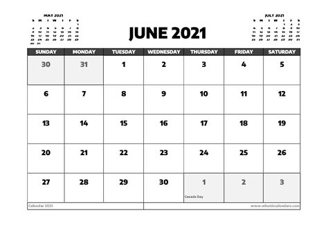 Printable June 2021 Calendar Canada