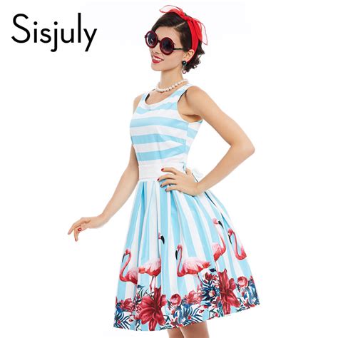 Sisjuly Women Pin Up Vintage Dress Floral Print Rockabilly Bow Belt Dresses Blue White Stripe