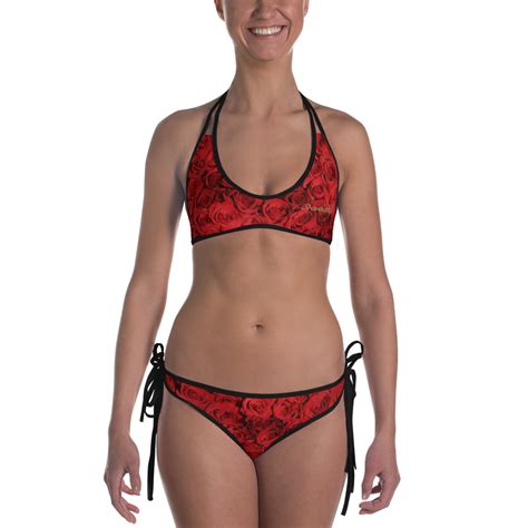 Red Roses Reversible Designer 2 Piece Bikini Swimsuit Beachwear By Doc Diamondz Original Clothing
