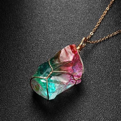 Rainbow Stone Pendant Necklace Raw Crystal Necklace Crystal Necklace Rainbow Aura Quartz
