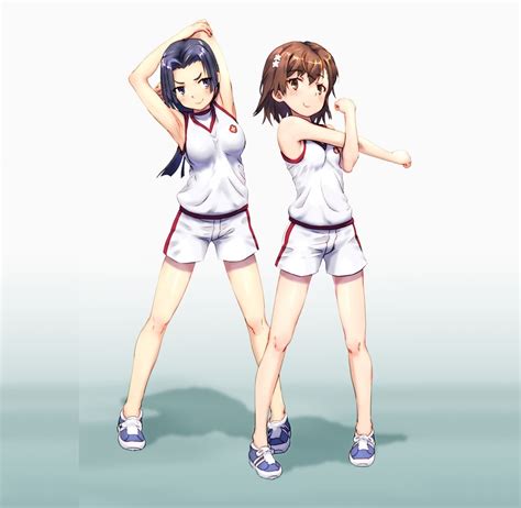two women standing purple hair brunette arms up to aru majutsu no index anime girls gym