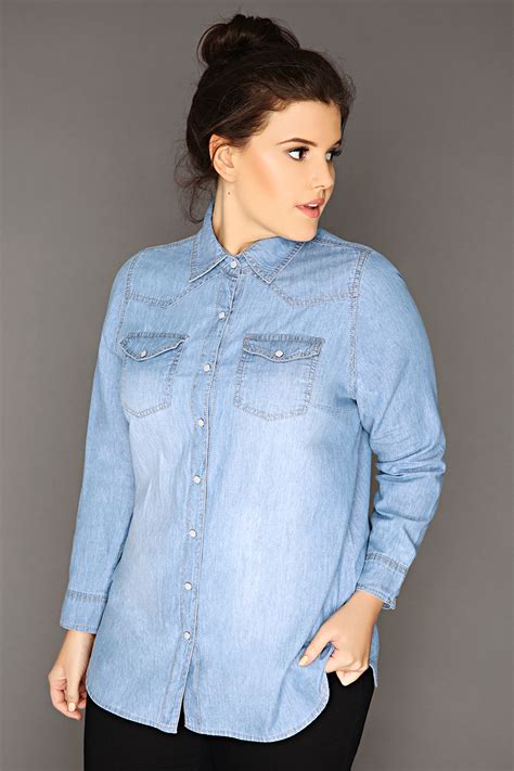 Light Blue Denim Long Sleeved Shirt With Pockets Plus Size 16 To 36