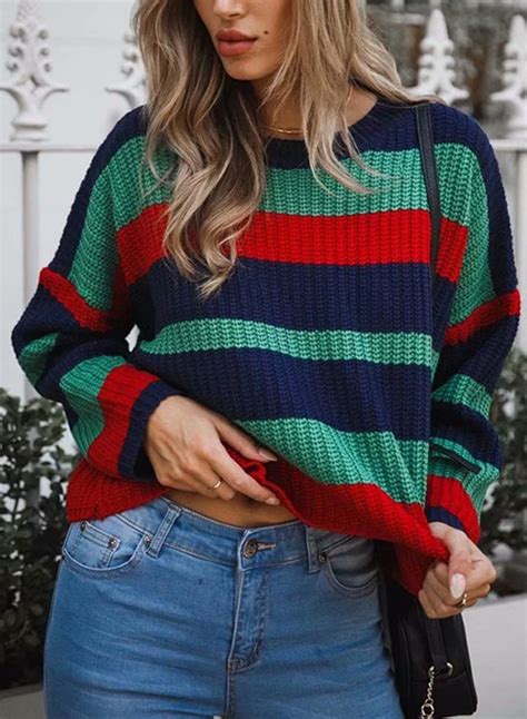 Green Womens Casual Striped Long Sleeve Round Neck Loose Sweater