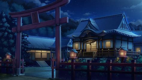 Anime Torii Artwork House Lantern Fence Lights Night Asian