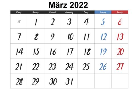 März 2022 Kalender Zum Ausdrucken Druckbarer 2022 Kalender