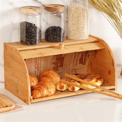 Wooden Bread Box Bamboo Roll Top Bread Holder Large Capacity Bread
