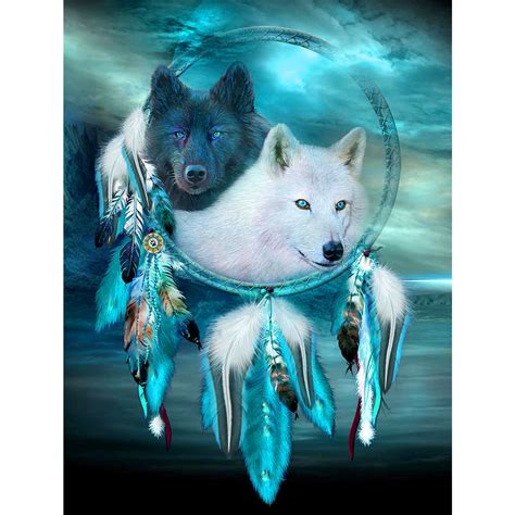 The Black And White Wolf And The Dream Catcher 5d Diamond Painting