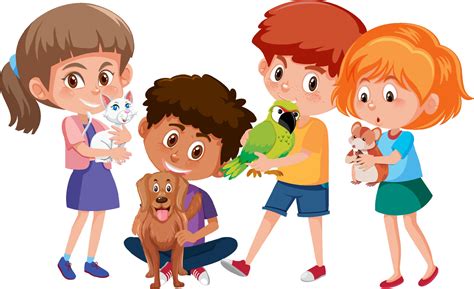 Many Children Holding Their Pets Cartoon Character On White Background