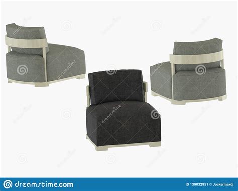 Two Gray And One Black Armchairs Soft Fabric 3d Rendering Stock
