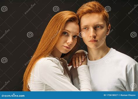Portrait Of Beautiful Redhead Couple Isolated Stock Image Image Of Modern Finger 173618027