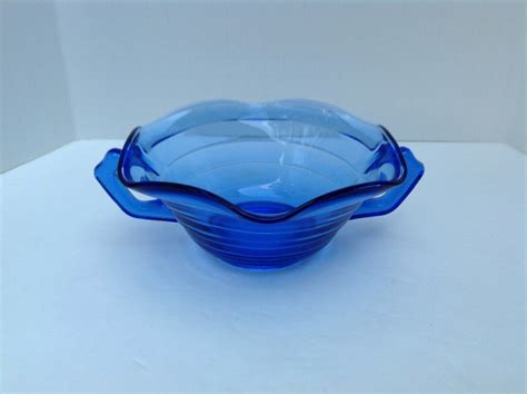 Rare Hazel Atlas Cobalt Blue Moderntone Ruffled Two Handled Bowl