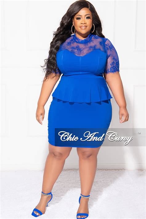 Final Sale Plus Size Contrast Lace Peplum Bodycon Dress In Royal Blue Chic And Curvy