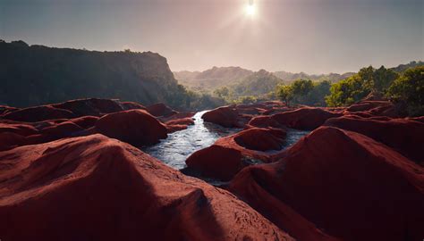 Wallpaper Red Canyon Trees Valley Landscape Render Artwork Ai