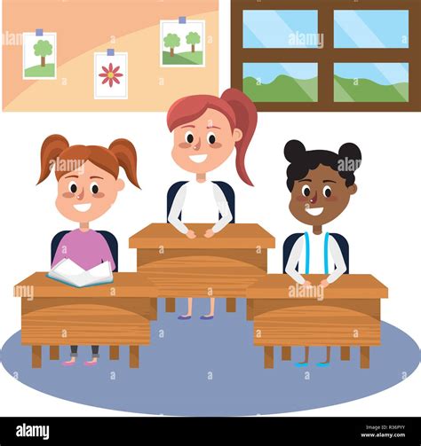 Elementary School Girls In The Classroom Cartoon Vector Illustration