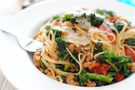 Chopped fresh basil or basil sprigs (optional). Angel Hair with Chicken Sausages, Tomatoes and Kale | Bev ...