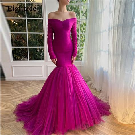 Eightree Fuchsia Elegant Tulle Mermaid Evening Dresses Off The Shoulder Long Sleeves Pleat Prom