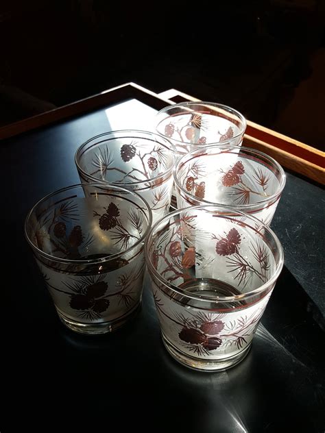 Vintage Mcm Libbey Lowball Whiskey Glasses Gold Leaf Pine Cone