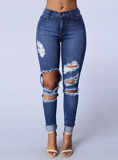Womens High Waisted Distressed Blue Denim Jeans