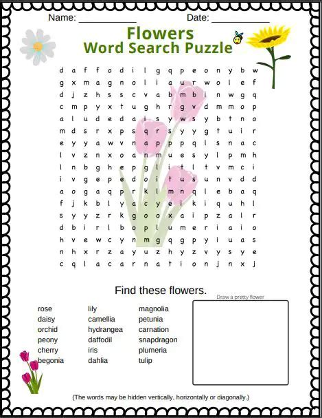 Flowers Word Search Puzzle Fun For Kids And Adults Puzzletainment