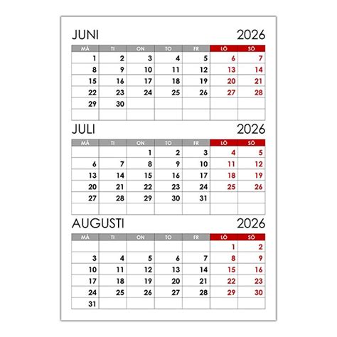Kalender Juni Juli Augusti 2026 Kalender12su