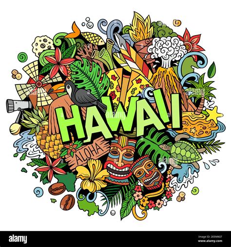 Hawaii Hand Drawn Cartoon Doodle Illustration Funny Hawaiian Design