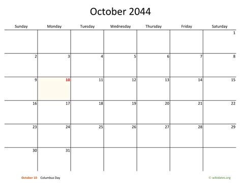 October 2044 Calendar With Bigger Boxes
