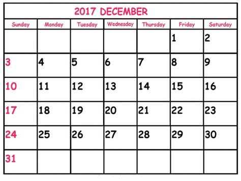 Printable Calendar December 2017 Free Download Oppidan Library