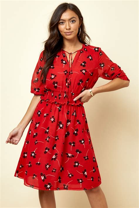 Red And Black Floral Print Fit And Flare Dress