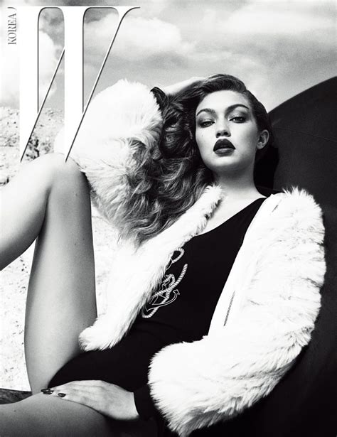 Photographed In Black And White Gigi Hadid Poses In Faux Fur Jacket