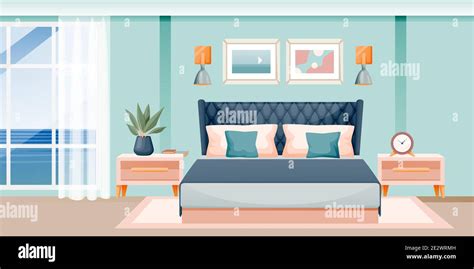 Modern Bedroom Interior Vector Flat Cartoon Illustration Hotel Room