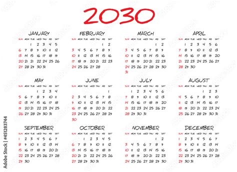 Monthly Calendar Template For 2030 Year Simple Calendar Design