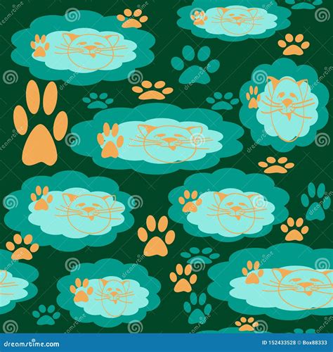 Seamless Pattern Of Clouds With A Cat`s Head Pattern And Traces Of Cat