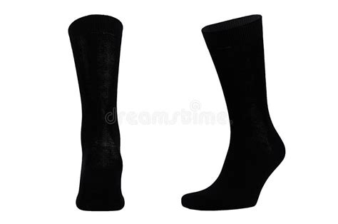 Blank Black Cotton Long Socks On Invisible Foot Isolated On White Background As Mock Up For