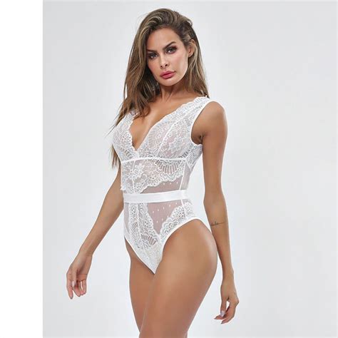 Summer Lace Bodysuit Women Floral Embroidery Deep V Neck Sexy Bodysuit White Jumpsuits And Rompers