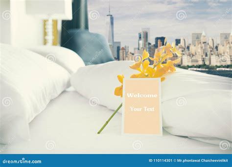 Welcome Card Placed Inside A Hotel Room Stock Image Image Of Bedding