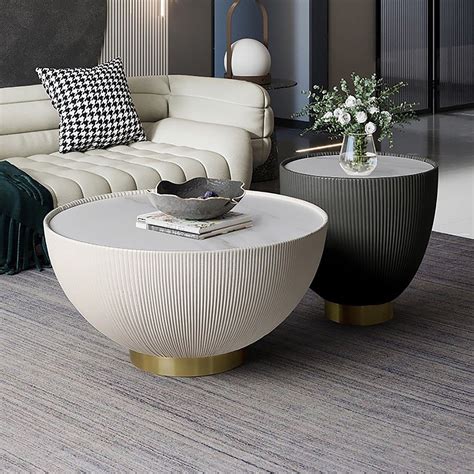 Modern Beige Drum Coffee Table Sintered Stone Round Pu Leather Accent