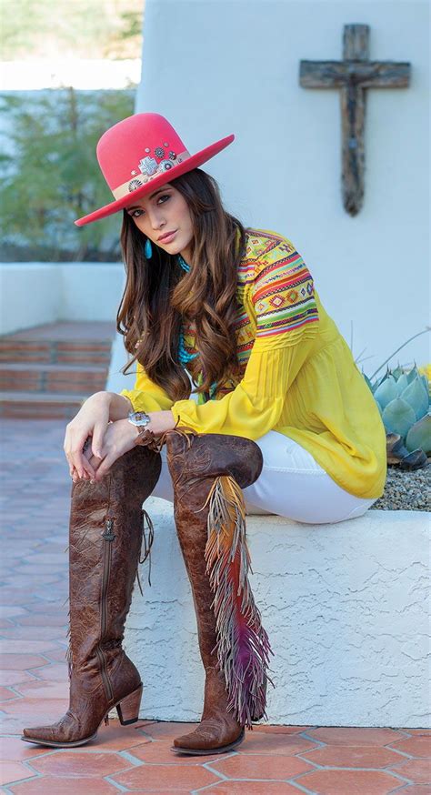 Cowgirl Spring Fashion Feature Yellow Top White Pants Cowgirl Boots Knee High Boots Fringe