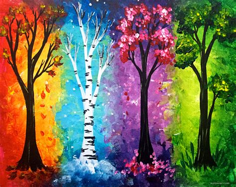 Tree Painting Acrylic Four Season Colourful 2